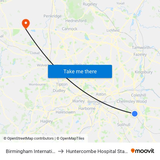 Birmingham International to Huntercombe Hospital Stafford map