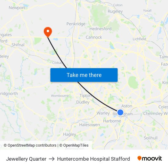 Jewellery Quarter to Huntercombe Hospital Stafford map