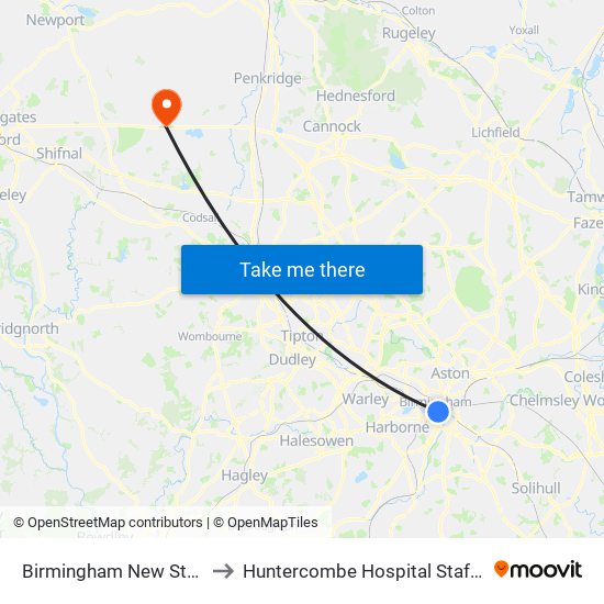 Birmingham New Street to Huntercombe Hospital Stafford map