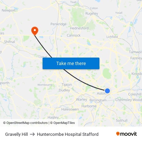 Gravelly Hill to Huntercombe Hospital Stafford map