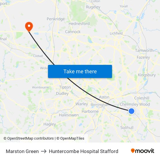 Marston Green to Huntercombe Hospital Stafford map