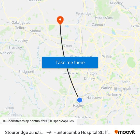 Stourbridge Junction to Huntercombe Hospital Stafford map