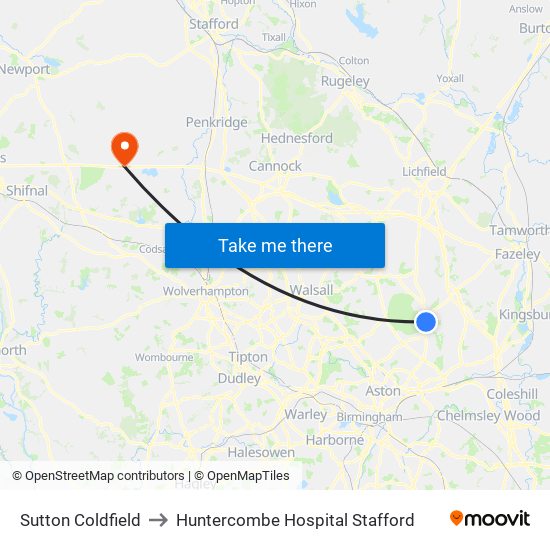 Sutton Coldfield to Huntercombe Hospital Stafford map