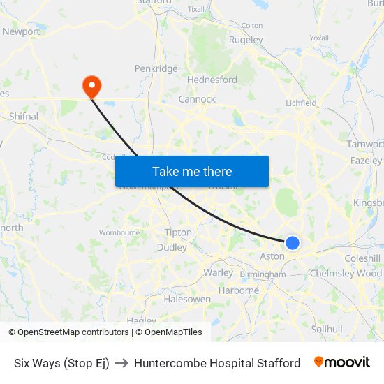 Six Ways (Stop Ej) to Huntercombe Hospital Stafford map