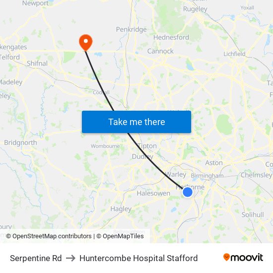 Serpentine Rd to Huntercombe Hospital Stafford map