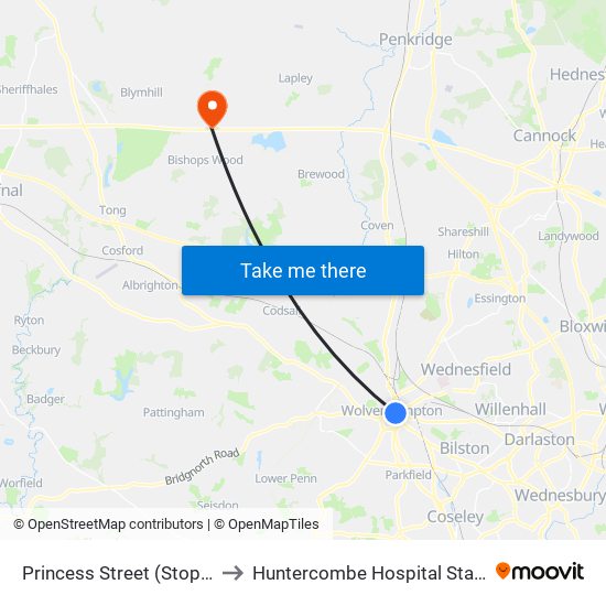 Princess Street (Stop Aw) to Huntercombe Hospital Stafford map