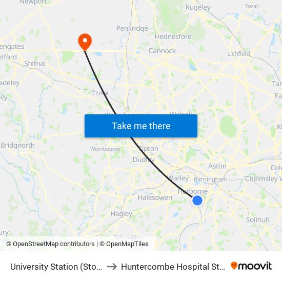 University Station (Stop Qd) to Huntercombe Hospital Stafford map