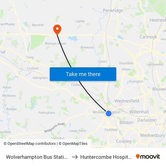 Wolverhampton Bus Station (Stand Q) to Huntercombe Hospital Stafford map