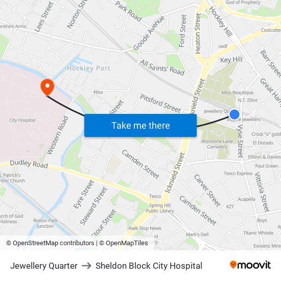 Jewellery Quarter to Sheldon Block City Hospital map