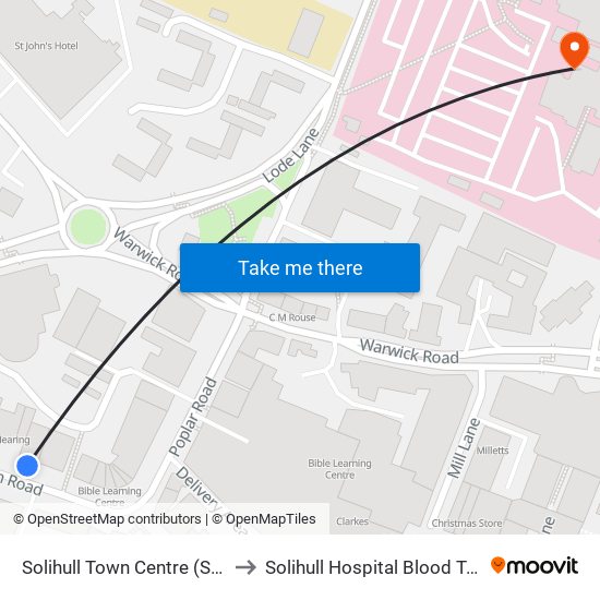 Solihull Town Centre (Stop Sa) to Solihull Hospital Blood Test Dep map