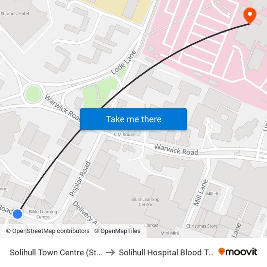 Solihull Town Centre (Stop Sm) to Solihull Hospital Blood Test Dep map