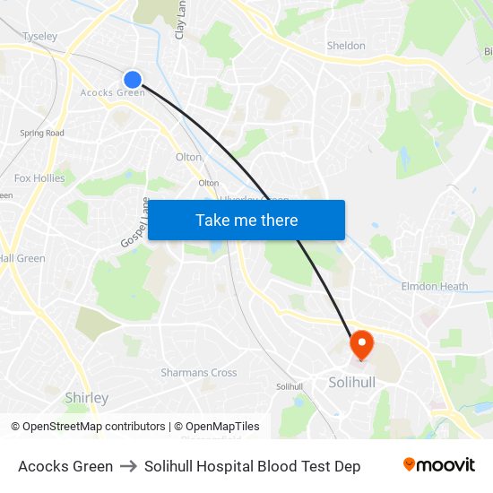 Acocks Green to Solihull Hospital Blood Test Dep map