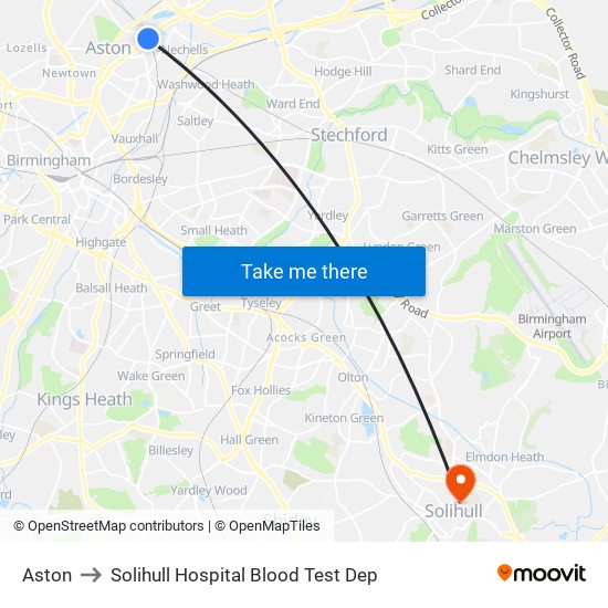 Aston to Solihull Hospital Blood Test Dep map