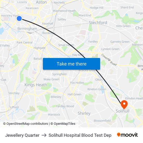 Jewellery Quarter to Solihull Hospital Blood Test Dep map