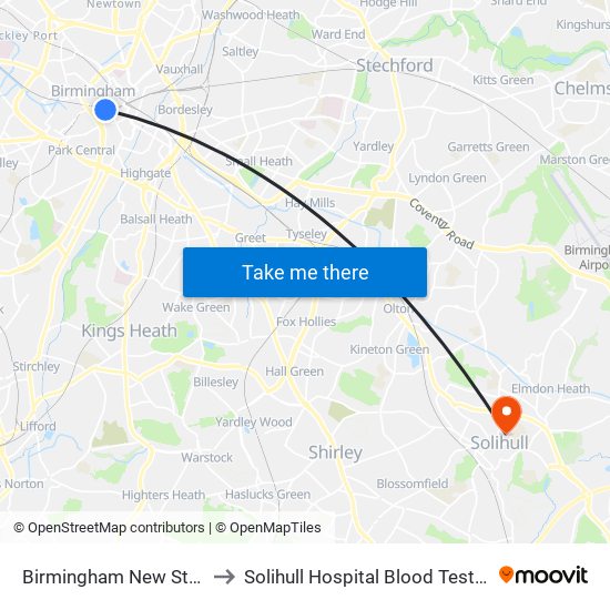 Birmingham New Street to Solihull Hospital Blood Test Dep map