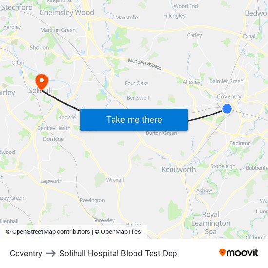 Coventry to Solihull Hospital Blood Test Dep map