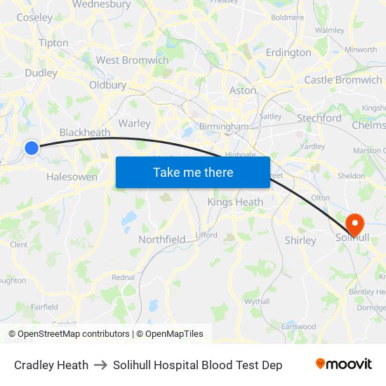 Cradley Heath to Solihull Hospital Blood Test Dep map