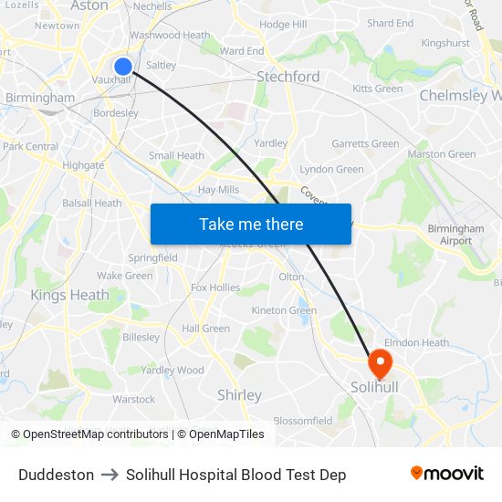 Duddeston to Solihull Hospital Blood Test Dep map