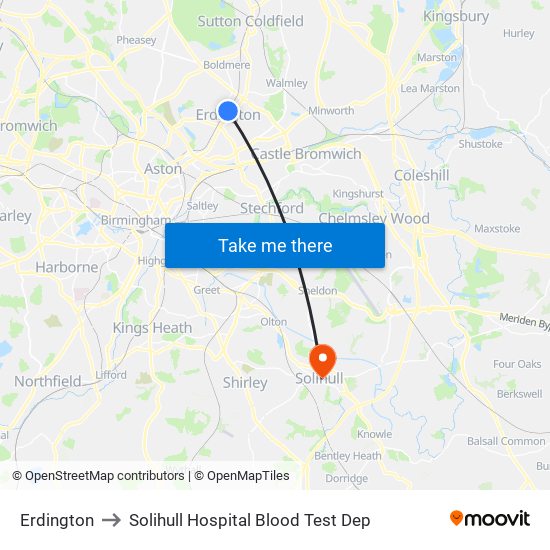 Erdington to Solihull Hospital Blood Test Dep map