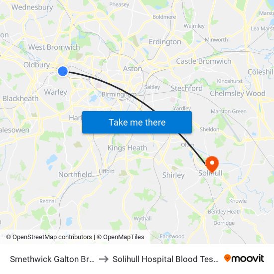 Smethwick Galton Bridge to Solihull Hospital Blood Test Dep map