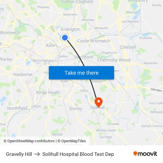 Gravelly Hill to Solihull Hospital Blood Test Dep map