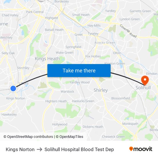 Kings Norton to Solihull Hospital Blood Test Dep map