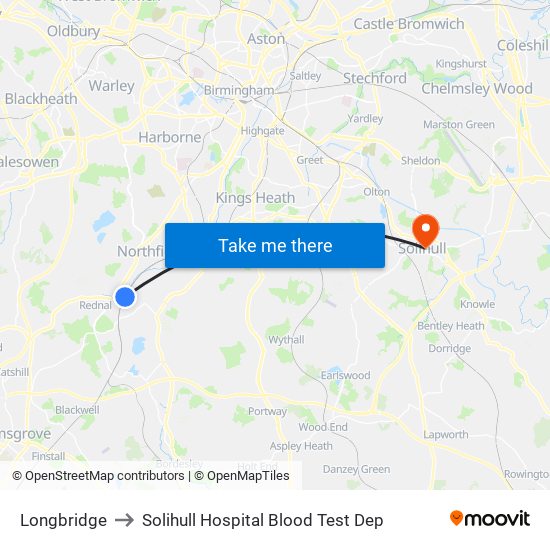 Longbridge to Solihull Hospital Blood Test Dep map