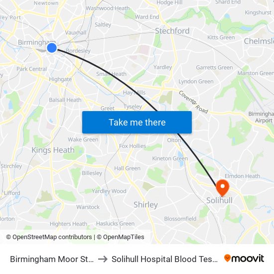 Birmingham Moor Street to Solihull Hospital Blood Test Dep map