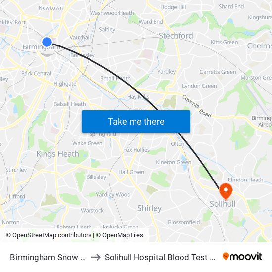 Birmingham Snow Hill to Solihull Hospital Blood Test Dep map