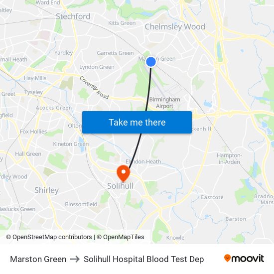 Marston Green to Solihull Hospital Blood Test Dep map