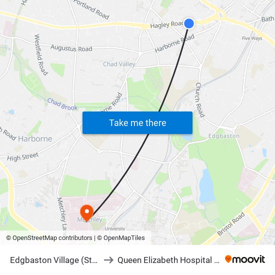 Edgbaston Village (Stop Fm) to Queen Elizabeth Hospital (QEHB) map