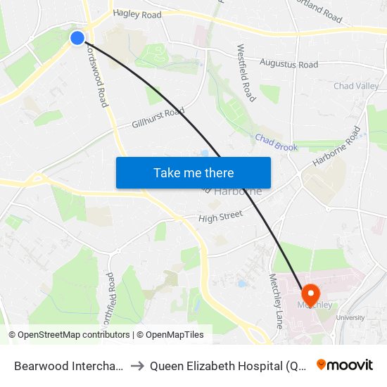 Bearwood Interchange to Queen Elizabeth Hospital (QEHB) map