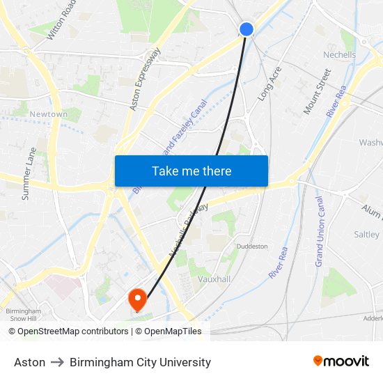 Aston to Birmingham City University map