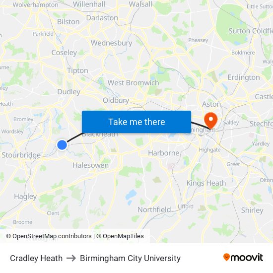 Cradley Heath to Birmingham City University map
