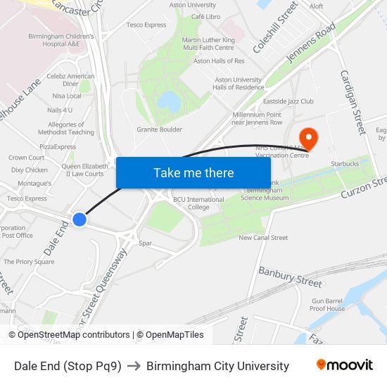 Dale End (Stop Pq9) to Birmingham City University map