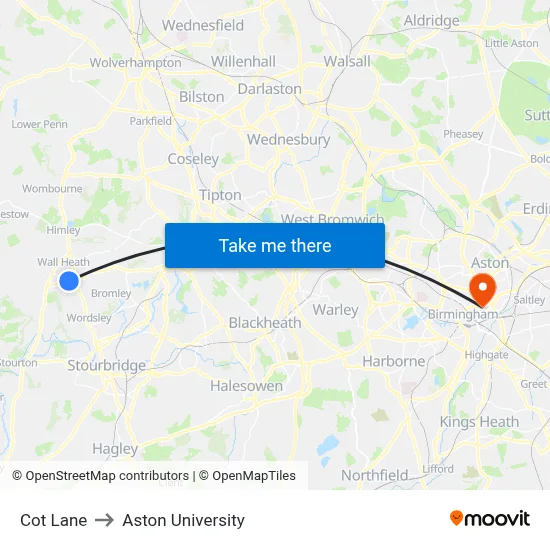 Cot Lane to Aston University map