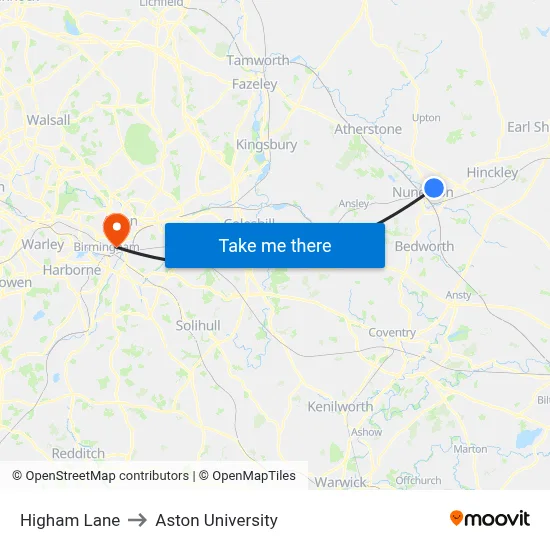 Higham Lane to Aston University map
