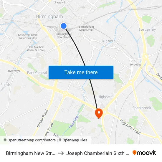 Birmingham New Street Station to Joseph Chamberlain Sixth Form College map
