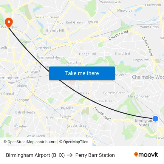 Birmingham Airport (BHX) to Perry Barr Station map
