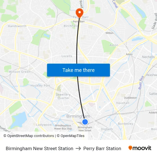 Birmingham New Street Station to Perry Barr Station map