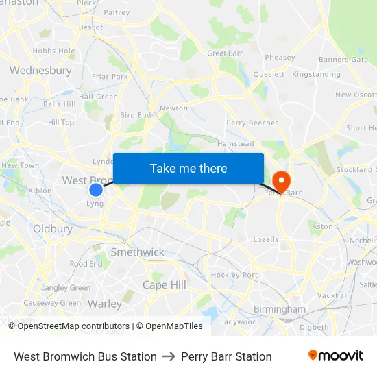 West Bromwich Bus Station to Perry Barr Station map