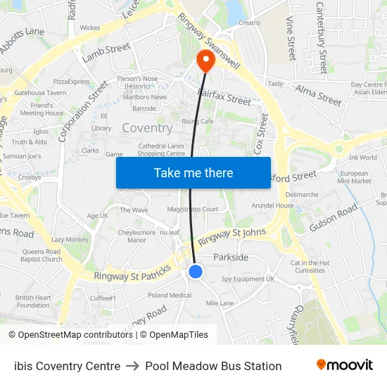 ibis Coventry Centre to Pool Meadow Bus Station map