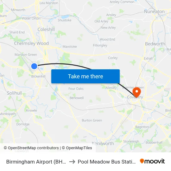 Birmingham Airport (BHX) to Pool Meadow Bus Station map