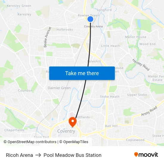 Ricoh Arena to Pool Meadow Bus Station map