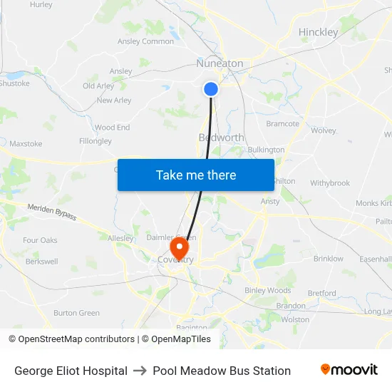 George Eliot Hospital to Pool Meadow Bus Station map