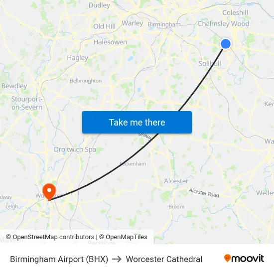 Birmingham Airport (BHX) to Worcester Cathedral map