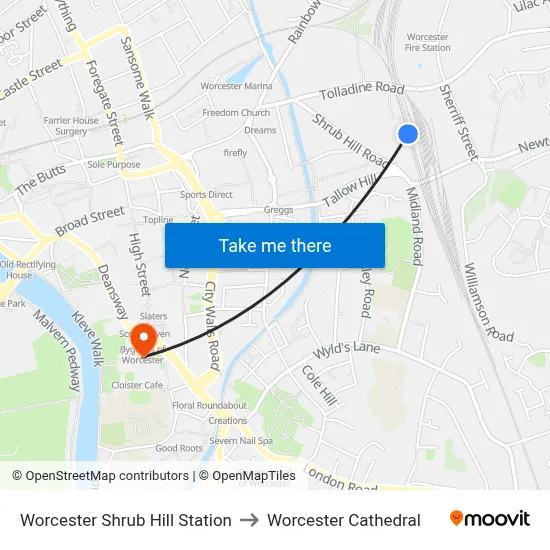 Worcester Shrub Hill Station to Worcester Cathedral map