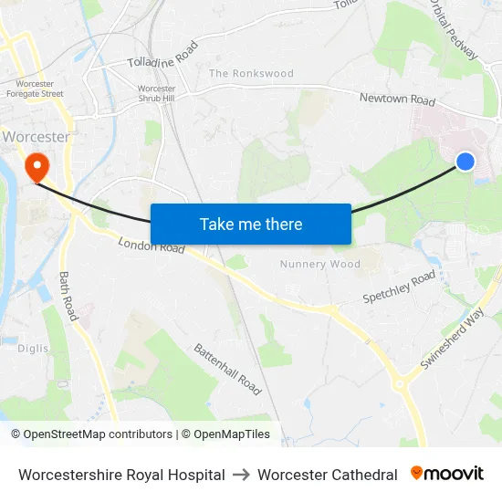 Worcestershire Royal Hospital to Worcester Cathedral map