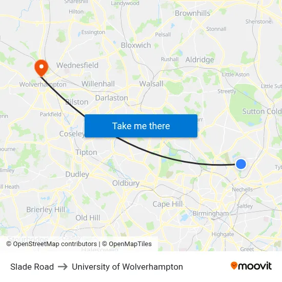 Slade Road to University of Wolverhampton map