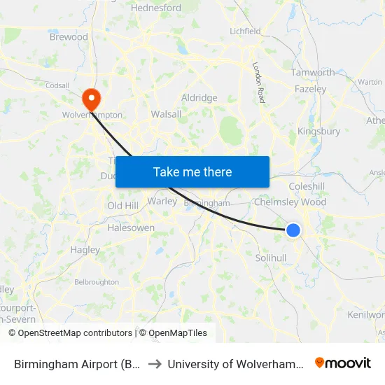 Birmingham Airport (BHX) to University of Wolverhampton map